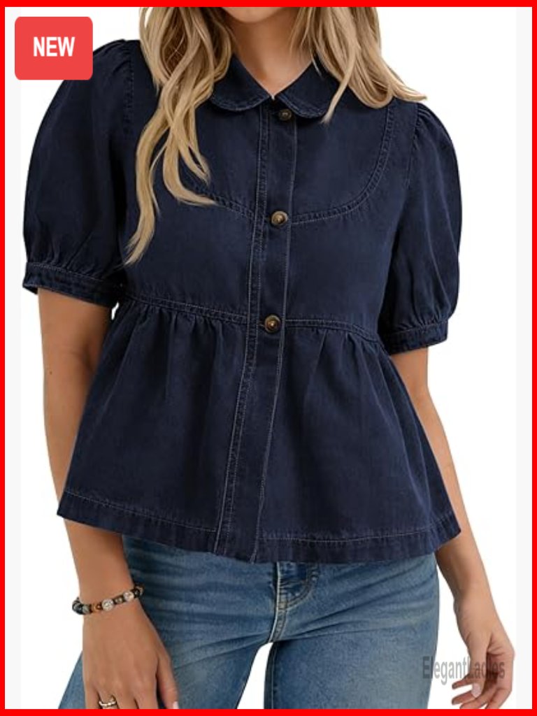 Button Down Denim Shirt With Puff Sleeves & Peplum Hem